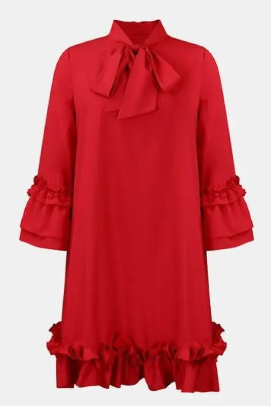 Frill Tie Neck Three-Quarter Sleeve Dress - S / Red - Mini