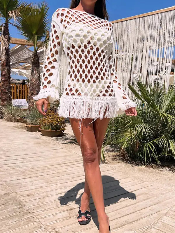 Fringe Cutout Long Sleeve Cover Up - One Piece-Cover-Ups