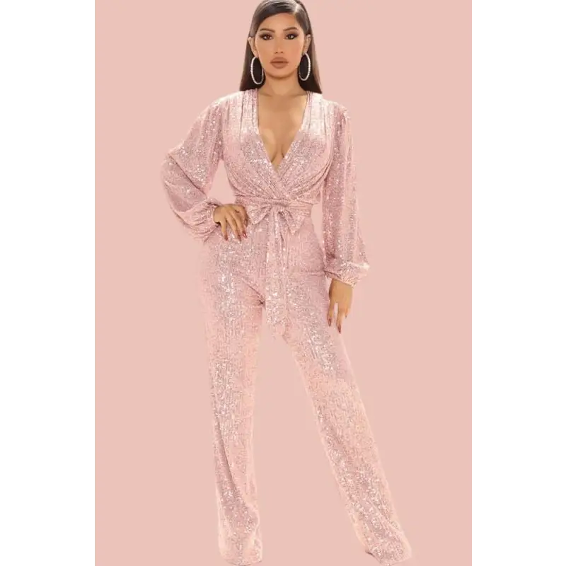 Glam Girl Belted Sequin V-Neck Jumpsuit (S-2XL) - S / Pink