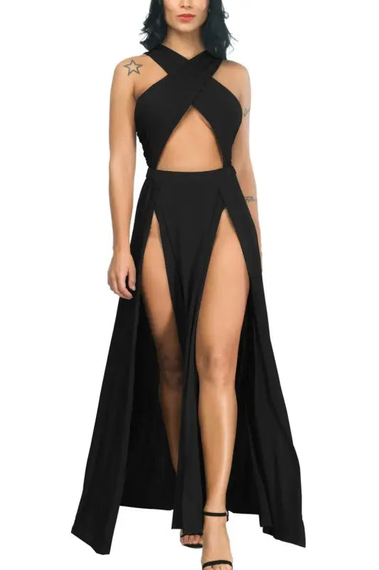 Goddess Vibes Double Slit Maxi Dress (M-3XL) - M / Black