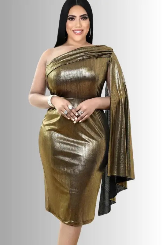Gold Foil One Shoulder Sash Midi Dress - Dresses