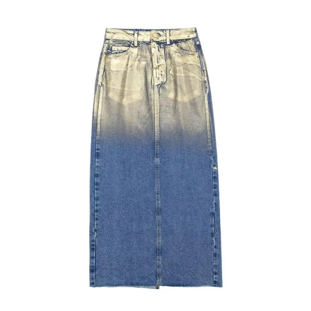 Gold Foil Painted Back Slit Midi Skirt - XS / Light Blue