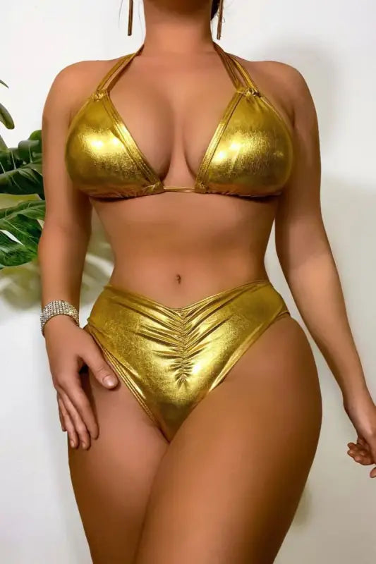 Gold Holographic Padded Halter-Neck Bikini Set - S / Bikinis