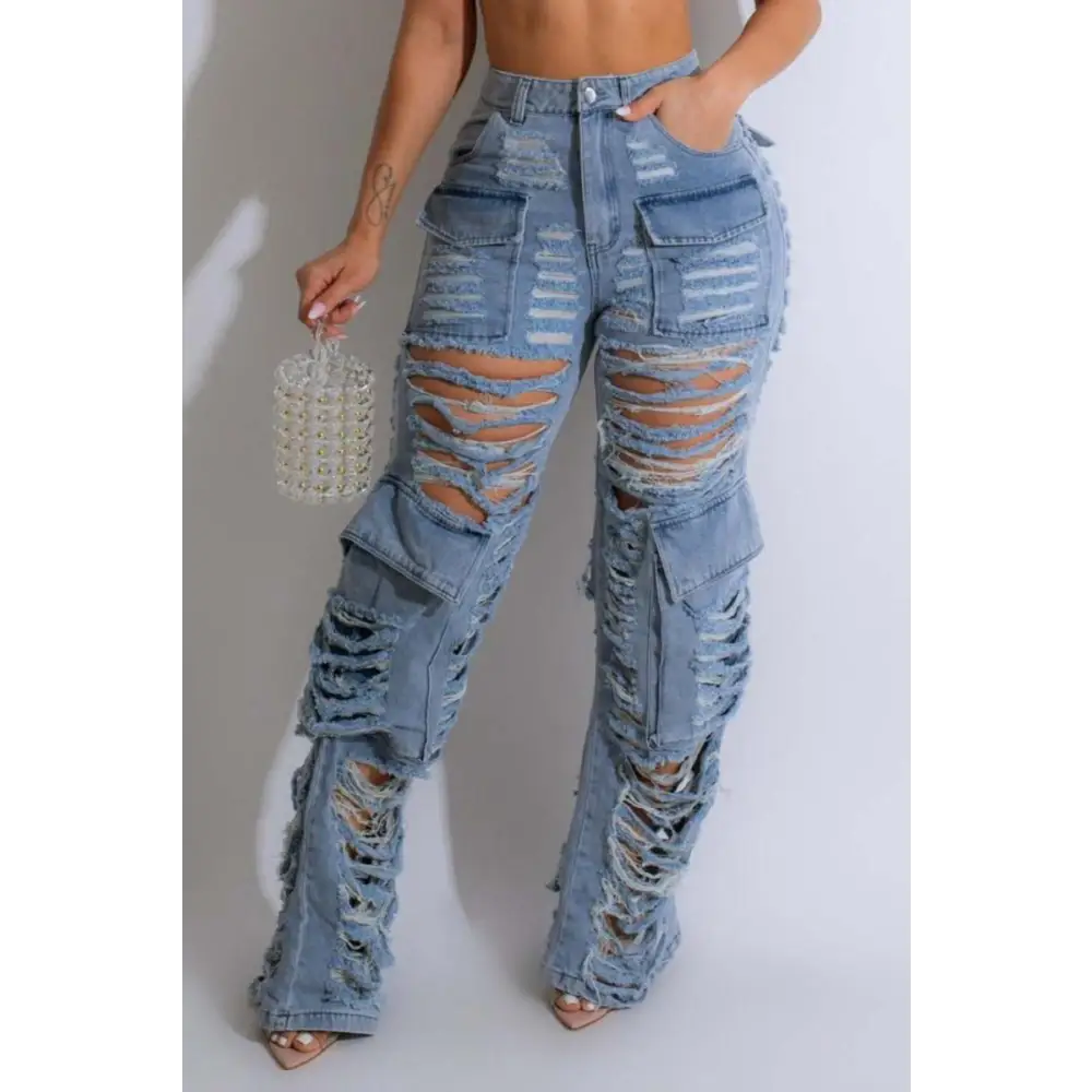 Grunge Style Ripped Cargo Jeans (S - 2XL) - S / Light Blue