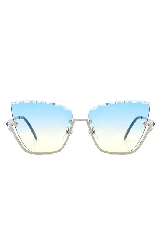 Half Frame Square Tinted Cat Eye Sunglasses - Blue