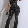 Halter Neck Rhinestone Burst Mesh Jumpsuit (S-2XL) - S