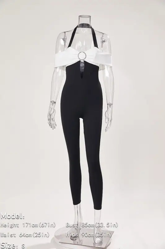 Halter-Neck Rhinestone Button Black n White Jumpsuit