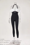 Halter-Neck Rhinestone Button Black n White Jumpsuit