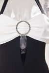 Halter-Neck Rhinestone Button Black n White Jumpsuit