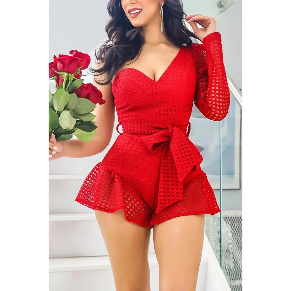 Hello Dolly One Shoulder Belted Backless Romper - S / Red