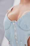 Hi-Cut Side Chain Strap Denim Bodysuit (S-2XL) - Bodysuits