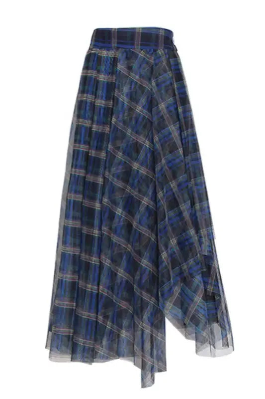 High Waist Plaid Double-Layer Mesh Midi Skirt - S / Blue