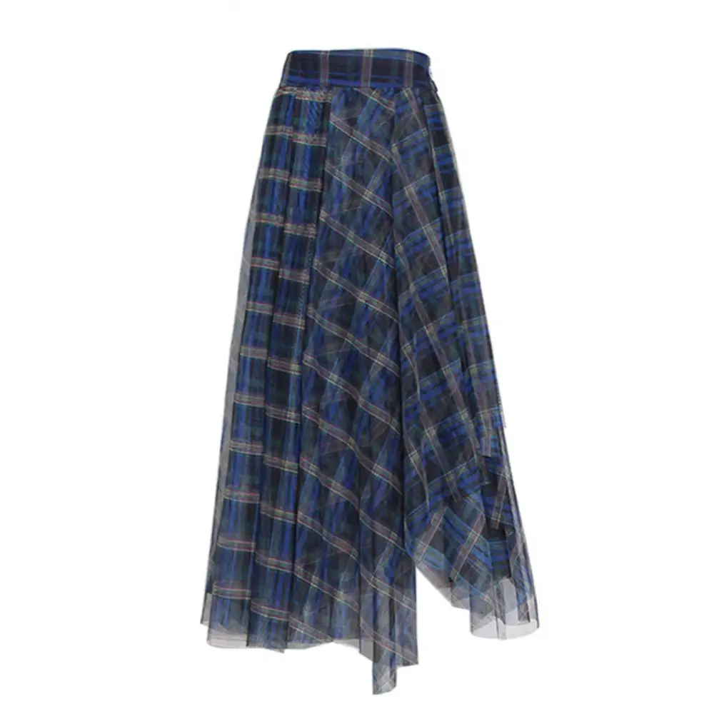 High Waist Plaid Double - Layer Mesh Midi Skirt - S / Blue