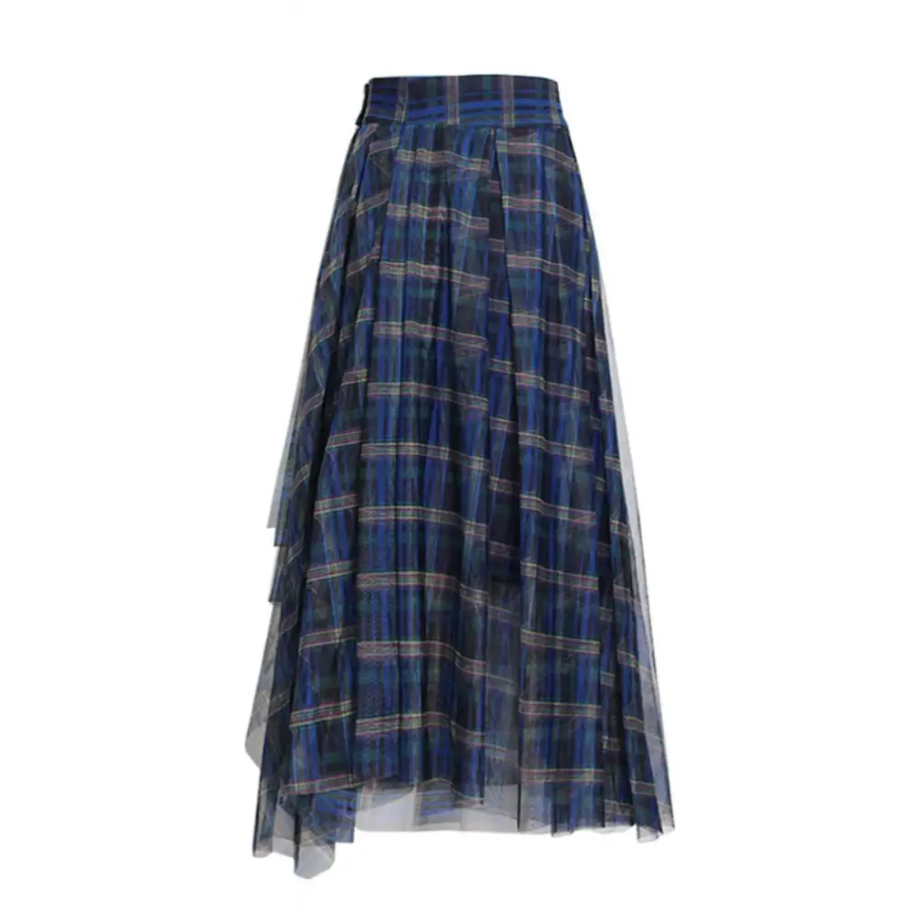 High Waist Plaid Double - Layer Mesh Midi Skirt - Skirts