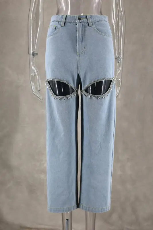 High Waist Rhinestone Knee Cutout Jeans - Denim