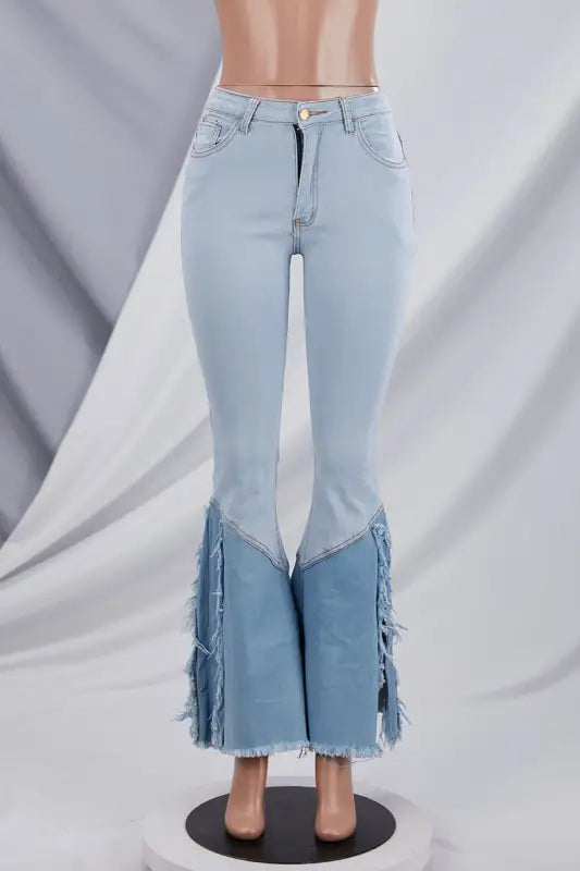 High Waist Two-Tone Flared Slit Hem Denim Jeans (S-2XL)