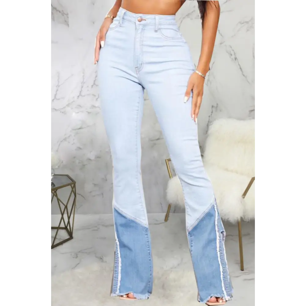 High Waist Two - Tone Flared Slit Hem Denim Jeans (S - 2XL)