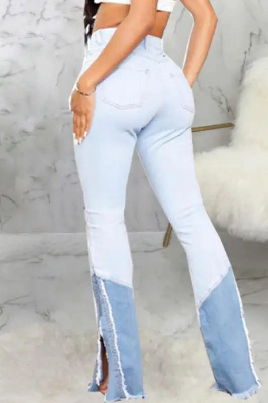 High Waist Two-Tone Flared Slit Hem Denim Jeans (S-2XL)