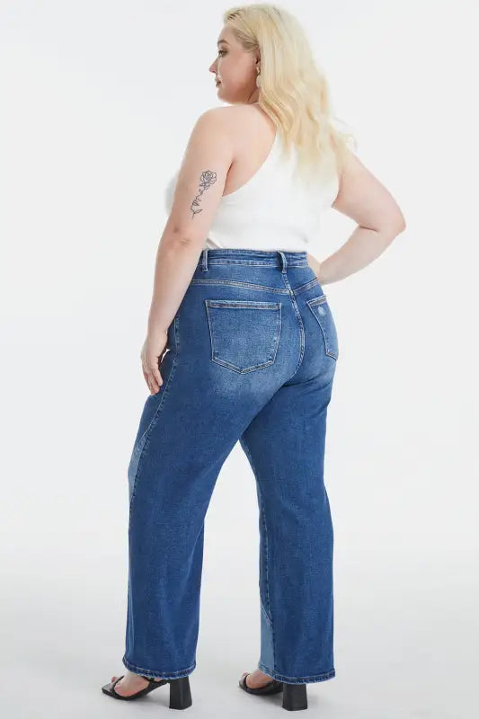 High Waist Two-Tone Patched Wide Leg Jeans (0-22W) - Denim