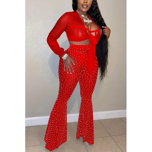 Hold ’em Rhinestone Tie up Top and Flared Pant Set - S
