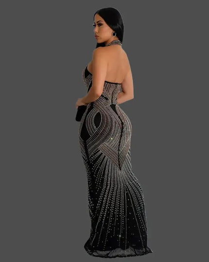 Hollywood Rhinestone Beaded Floor Length Dress (S-2XL)