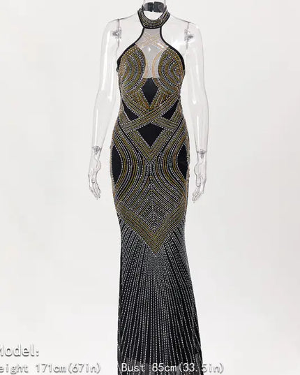 Hollywood Rhinestone Beaded Floor Length Dress (S-2XL)