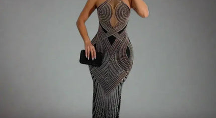 Hollywood Rhinestone Beaded Floor Length Dress (S-2XL) - S