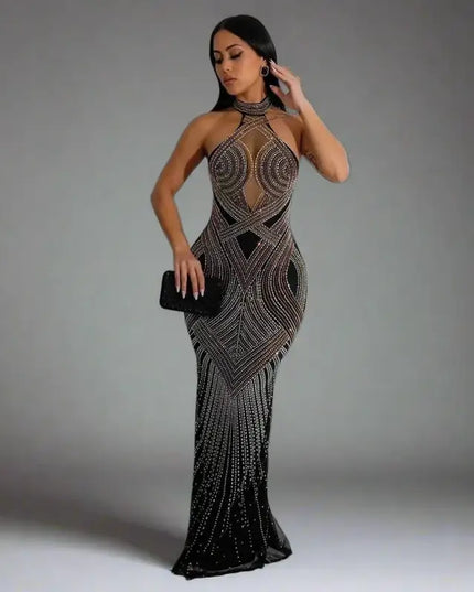 Hollywood Rhinestone Beaded Floor Length Dress (S-2XL) - S