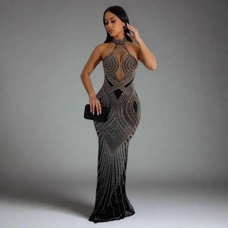 Hollywood Rhinestone Beaded Floor Length Dress (S-2XL) - S