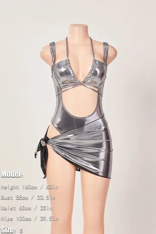Holographic Cutout One-Piece Swimsuit Wrap Mini Skirt Set