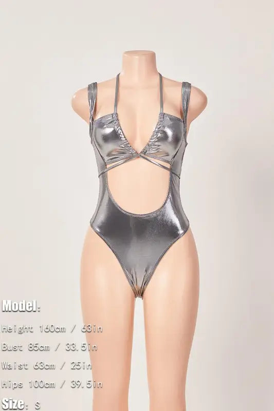 Holographic Cutout One-Piece Swimsuit Wrap Mini Skirt Set