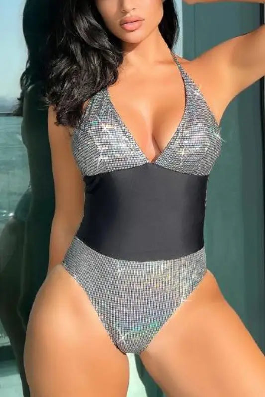 Holographic Halter-Neck Tie Swimsuit - S / Silver