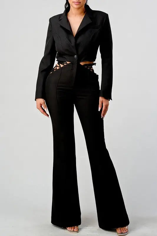 In My Lane Strappy Cut-Out Waist Long Sleeve Jumpsuit - S
