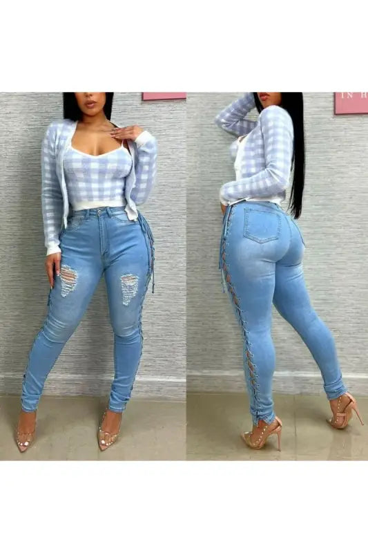 Insatiable High Waist Eyelet Lace-up Jeans (S-3XL) - S