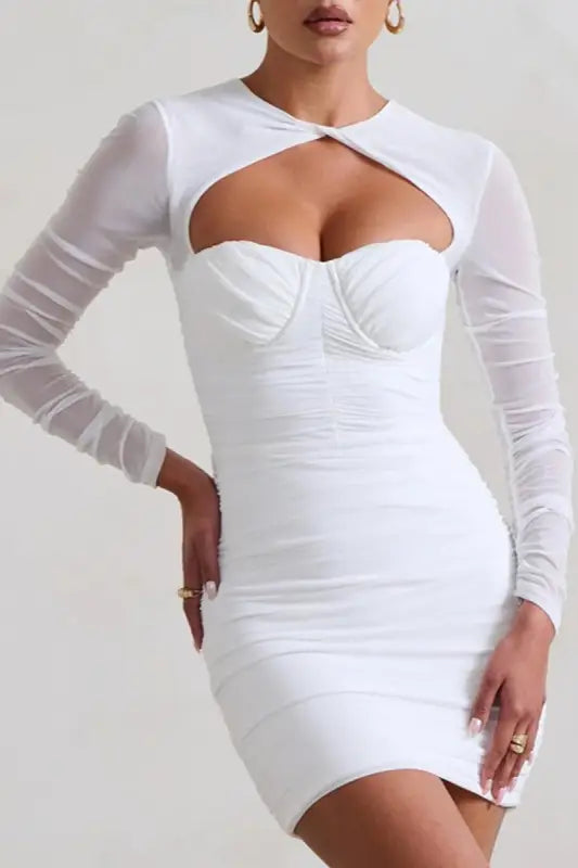 It’s My Time Shirring Mini Dress - S / White - Dresses