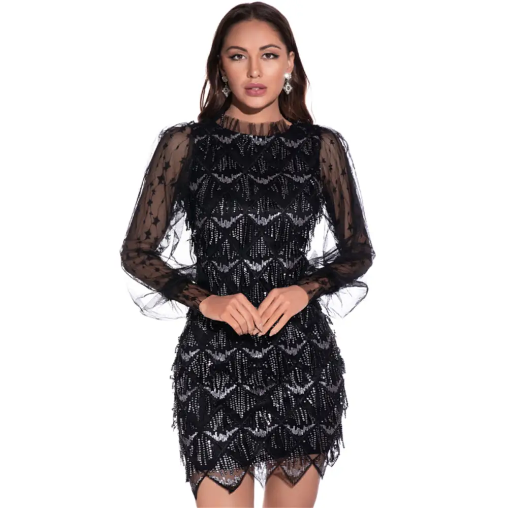 Jagged Edge Sequin Fringe Mini Dress - S / Black - Dresses