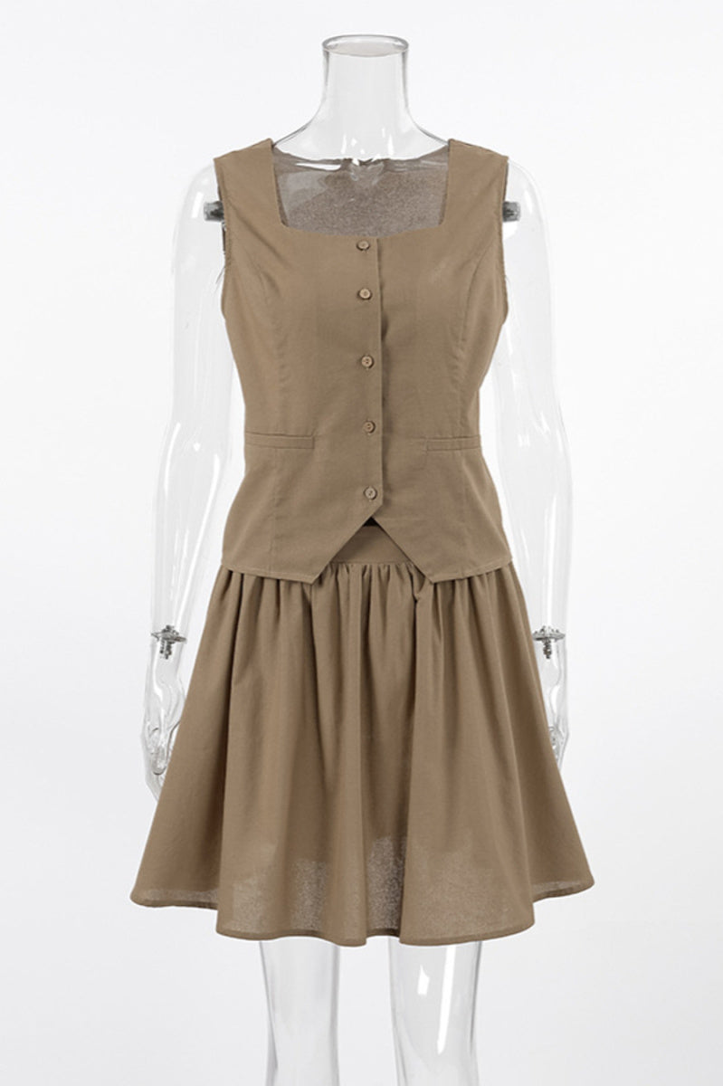 Khaki Tailored Vest & Mini Skirt Set