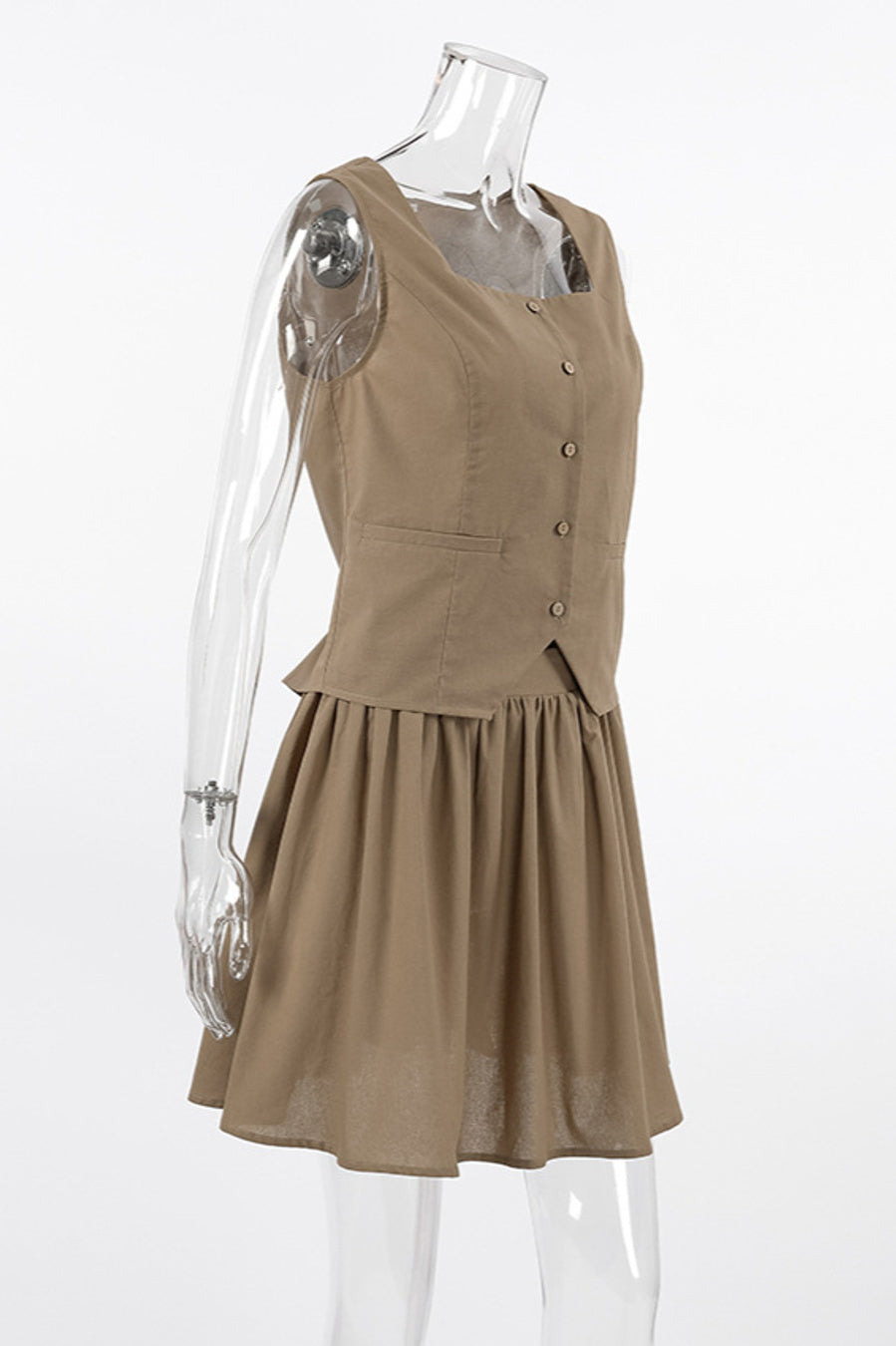 Khaki Tailored Vest & Mini Skirt Set