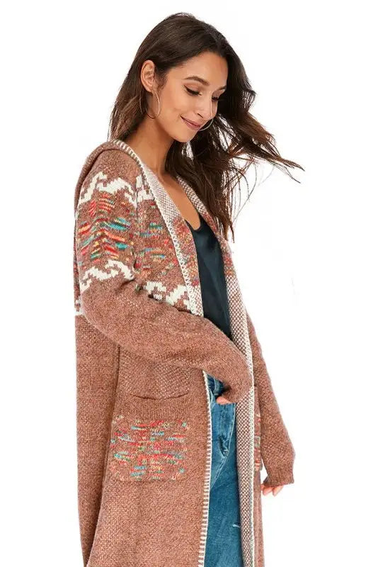 Knitted Flower Hooded Cardigan - Long Cardigans