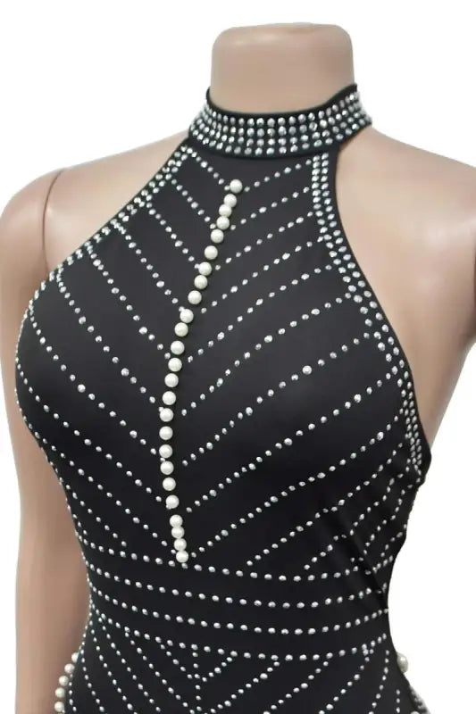 Lady In Rhinestone and Pearls Mini Dress - Dresses