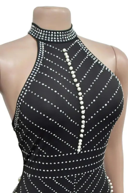 Lady In Rhinestone and Pearls Mini Dress - Dresses