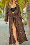 Leopard Open Front Long Sleeve Cover Up - S / Brown