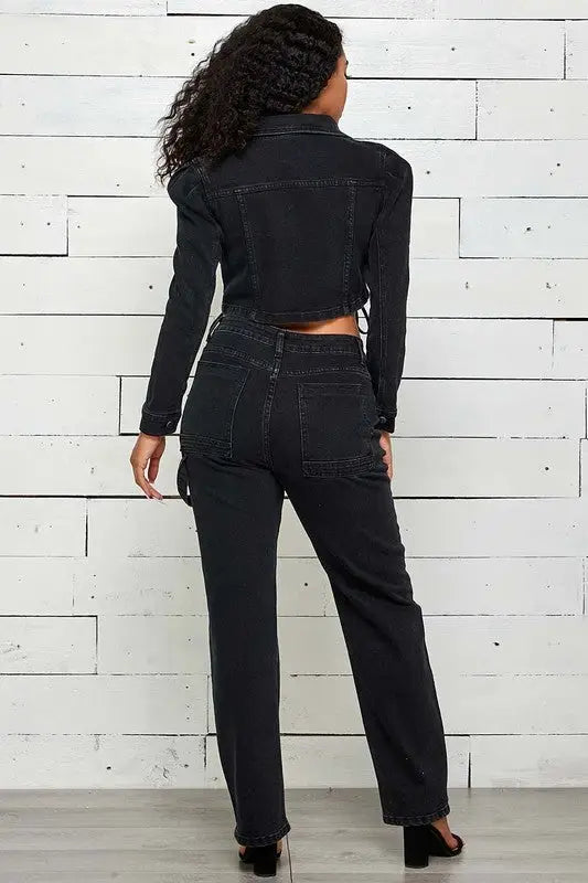 Long Sleeve Crop Denim Jacket With Matching Pants - Pant