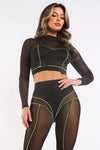 Long Sleeve Mesh Cropped Top and Pant Set - S / Black - Sets