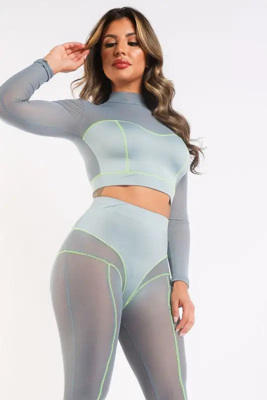 Long Sleeve Mesh Cropped Top and Pant Set - S / Light Blue