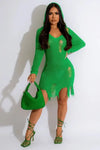 Long Sleeve Ripped Hem Hooded Mini Dress - S / Green