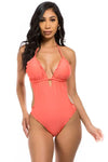 Low Cut Ruffled Edge Cut-Out Swimsuit - Coral / S