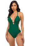Low Cut Ruffled Edge Cut-Out Swimsuit - Green / S
