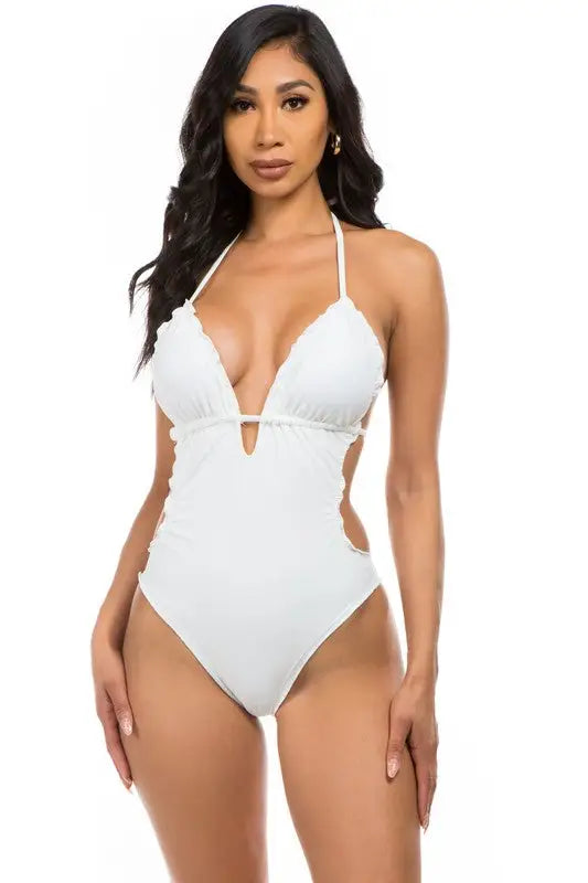 Low Cut Ruffled Edge Cut-Out Swimsuit - White / S