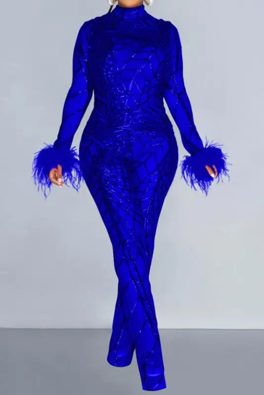 Madame Feather Embellished Sleeve Sequin Catsuit (S-2XL)